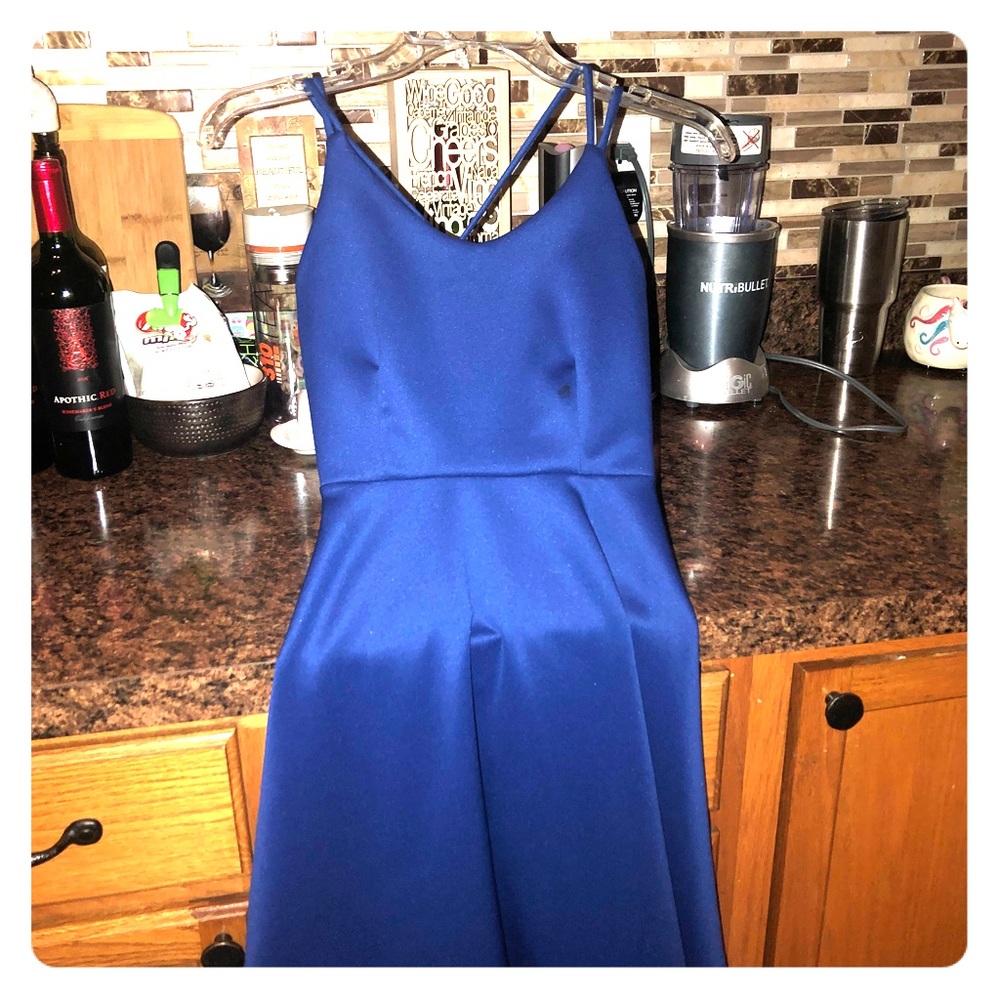 Blue strappy back formal dress
